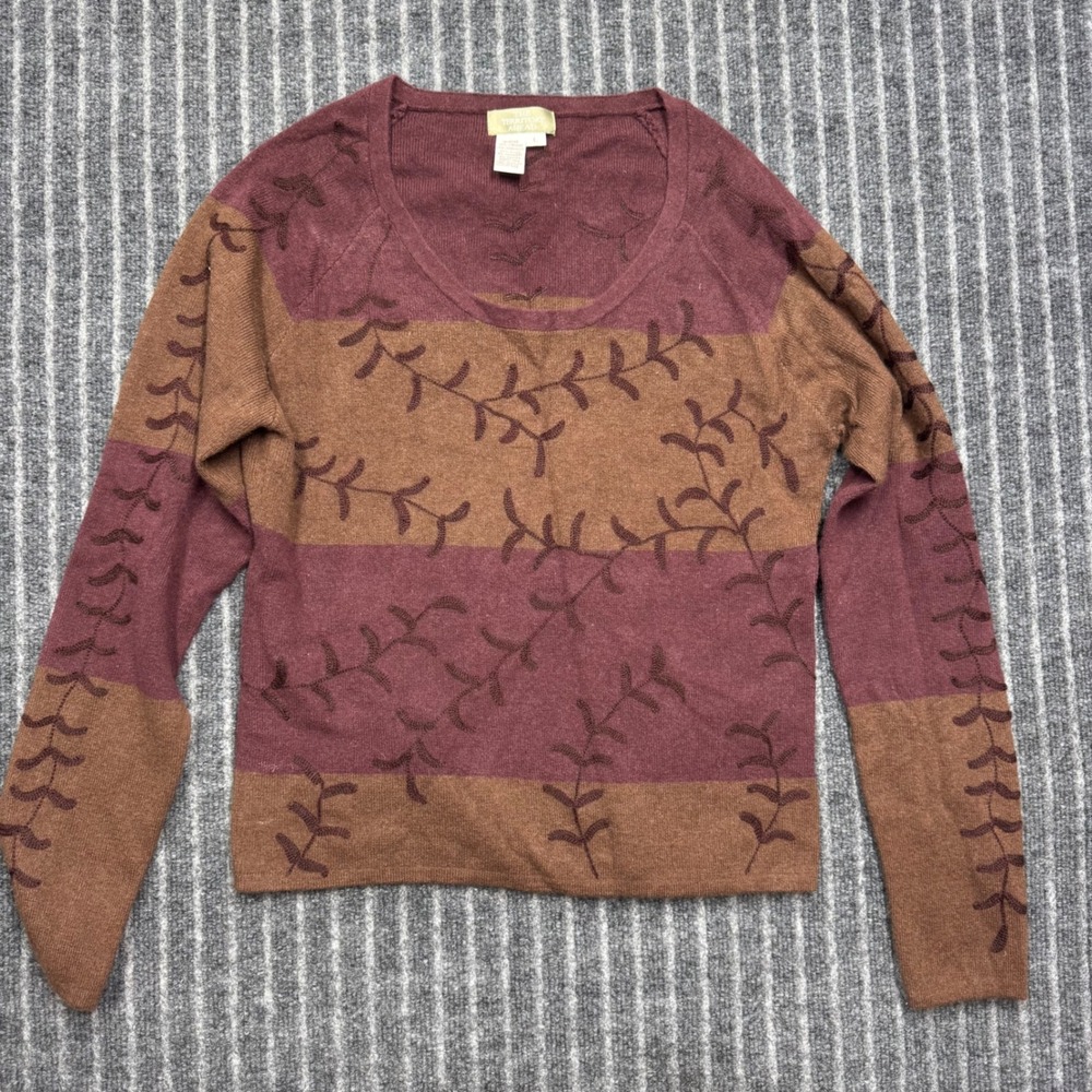 Territory Ahead Womens L Brown Burgundy Embroidered Lambswool Cashmere Sweater
